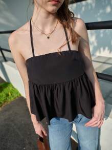 Women's Ruffled Strap Fitted Tank Top, Sexy & Slimming, Summer - Black - View 5