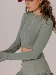 Aralina Minimalist Solid Color Front Zipper Fitted Cropped Athletic Jacket - Olive Green - View 6