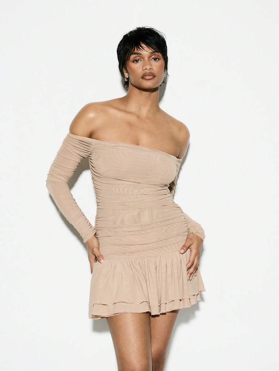 KIZN Bardot Long Sleeve Ruched Mesh Mini Dress With Ruffle Hem - Khaki - View 1