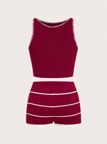 Easelle Ensemble d'été pour femme sans manches, top tricoté fendu et shorts tricotés - Rouge foncé - Voir 2