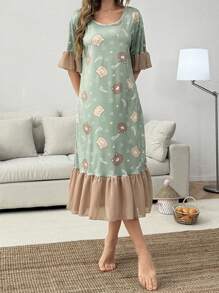 SHEIN 卡通熊与字母印花撞色雪纺荷叶边下摆长款睡袍