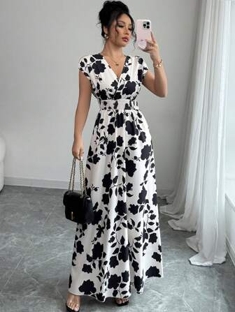 Elenzga Women V-Neck Allover Print Casual Long Dress