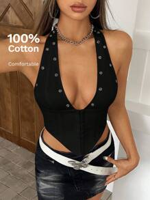 SHEIN ICON Hook And Eye Backless Halter Black Top - Black - View 1