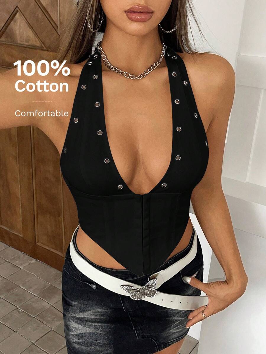 SHEIN ICON Hook And Eye Backless Halter Black Top - Black - View 1