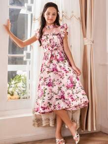 SHEIN Vestido midi entallado con lindo diseño de encaje y detalle de cuello con volantes para niña preadolescente - Rosa - Ver 6