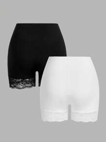 SHEIN PETITE CURVE Plus Size Summer Basic Leggings, Minimalist And Fashionable - Black and White - View 2