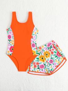 Tween Girls Floral Print Splicing One-Piece Swimsuit With Board Shorts For Beach Vacation - Orange - View 5