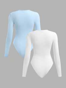 SHEIN BASICS 2pcs Solid Color Knitted Round Neck Long Sleeve Bodysuit For Women, Casual Summer Clothes - Baby Blue - View 2