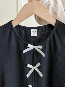 SHEIN Leap Crew Tween Girls Casual Ribbed Knit Solid Color Bow Decor Slit Sleeve Fitted T-Shirt, Black T-Shirt, Back To School, Y2K, Fashion Street, Sweet And Cool Girl - Black - View 7