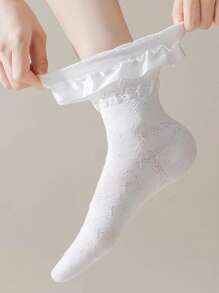 ROMWE Kawaii 3 Pairs Of Random Color Combination Socks, JK Lace Mid-Calf Socks, Daily Versatile Casual Solid Color Women's Mid-Calf Socks