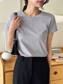 DAZY 纯色圆领T恤，商务休闲女式学院风上衣 - 淺灰色 - 查看 8