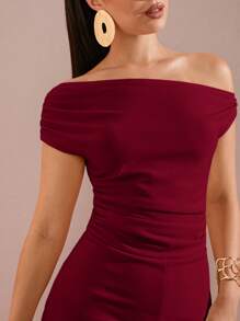 SHEIN BAE 女式不对称褶皱阔腿连体裤，适合春夏季度假、海滩、泳池派对、庆典、约会之夜、外出 - 酒紅色 - 查看 6