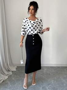 Modelyn Women's Polka Dot Print Ruffled Neck Cropped Sleeve Button-Up Bodycon Dress Set - Black - View 5