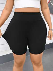 SHEIN Essnce 大码女装春夏健身沙滩装夏季短裤慢跑裤新款时尚休闲通勤运动设计拼接镂空蕾丝口袋黑色紧身打底裤，打底裤短裤 - 黑色 - 查看 3