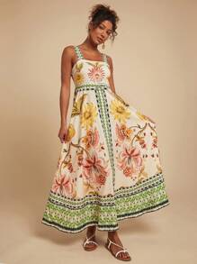 Travachic Vestido con tirantes espalda descubierta con estampado floral, adecuado para vacaciones, atuendos de verano para mujer, ropa de mujer para vacaciones tropicales, vestidos de verano para mujer