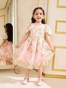 SHEIN Jeune fille robe en maille rose satin avec broderie dorée, élégante et féminine, convient pour les fêtes, les rassemblements, les festivités - Blanc - Voir 3