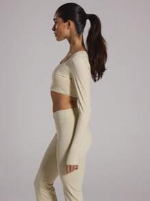 Musera Sport Fitted Scoop Neck Long Sleeve Sport Top Active Gym Workout, Padel, Tennis, Pickleball Gym Fitness - Cream - View 3