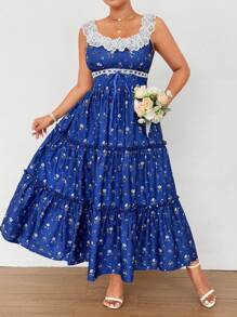 Flirla Plus Size Women Square Collar Contrast Lace Romantic Vacation Dress, Spring/Summer - Blue - View 5