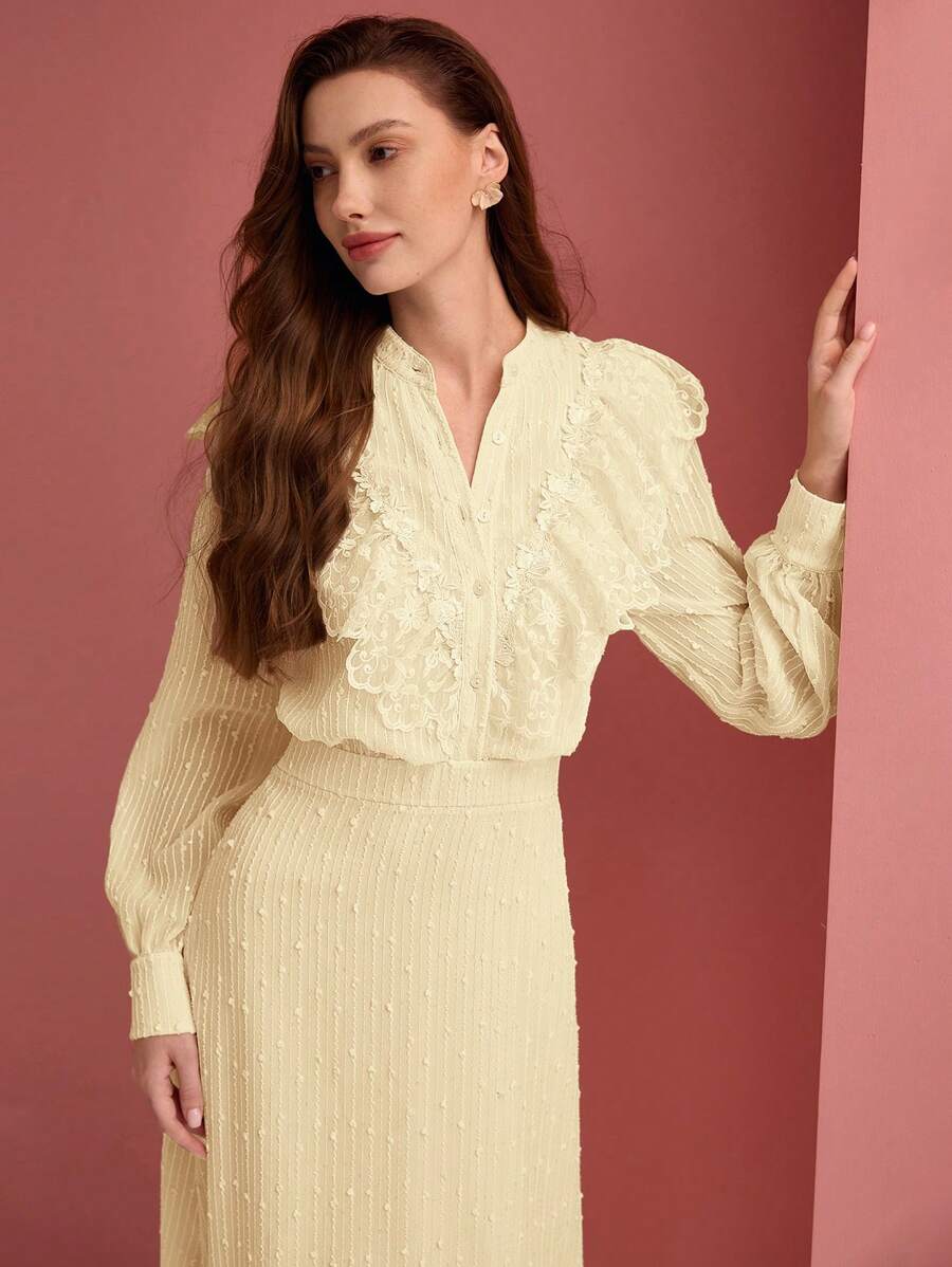 MOTF PREMIUM CONTRAST LACE BUTTON UP DRESS - Yellow - View 2