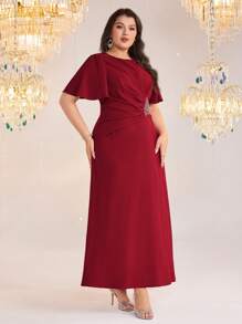 Modelyn Plus Size Solid Color Crystal Waist Design Flowing Dress, Suitable For Formal Occasions - Burgundy - View 5