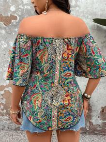 Breezaya Plus Size Women's Off Shoulder Print Blouse - Multicolor - View 2