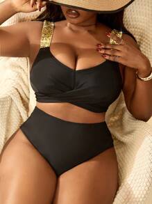 SHEIN Slayr CURVE Plus Size Women 2 Pieces Swimwear, Solid Color Cross Front High Waisted Bottoms, Minimalist Chic Beach Vacation Bikini