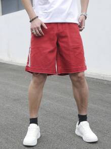 Manfinity Homme Men's Casual Red Embroidered Athletic Denim Shorts - Red - View 7