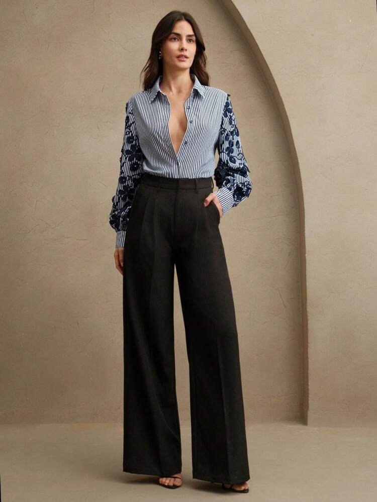 Élégante blouse décontractée ample en coton pour vacances, festival, soirée, printemps été, rayures bleues indigo et blanches avec patchwork et broderie