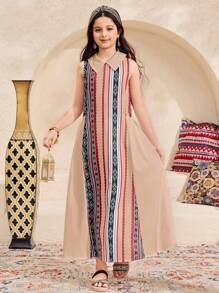 SHEIN Vestito senza maniche da ragazza pre-adolescente, casual ed elegante, con colletto e motivo retrò a colori - Beige - Visualizzare 3
