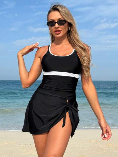 SHEIN Swim SPRTY Bikini de dos piezas de mujer con tirantes de amarre y contraste de color