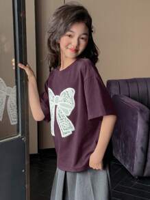 Dazy Kids 青少年女孩圆领针织蝴蝶印花短袖 T 恤，春夏季，返校服装 - 紫羅蘭色 - 查看 2