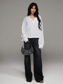 TRNVIE Bluză lejeră de vacanță, din jacquard, cu dungi transparente, cu jumătate de plăcuță, pentru femei