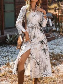 SHEIN LUNE Casual & Vacation Linen-Like Printed Dress - Apricot - View 3