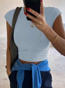 DAZY Women Short Sleeve Slim Fit Solid Color Basic Tee, Fashionable Summer - Baby Blue - View 2