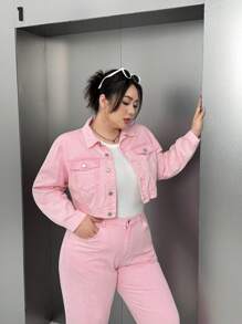 Breezaya Plus Size Casual Distressed Denim Short Jacket - Pink - View 5