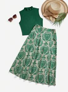 SHEIN Clasi Plus Size Vacation Casual Solid Color Stand Collar Tank Top & Allover Print Skirt 2pcs Set - Green - View 3