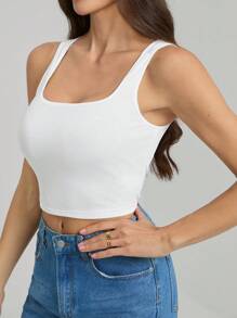 SHEIN Tall Summer White Simple Basic Versatile Square Neck Tank Top, Suitable For Many Occasions