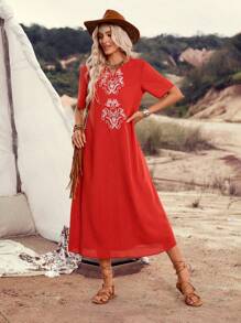 LanaWest Women's Solid Color Embroidery H-Shape Casual Country Vacation Daily Simple Basic T-Shirt Dress - Burnt Orange - View 4