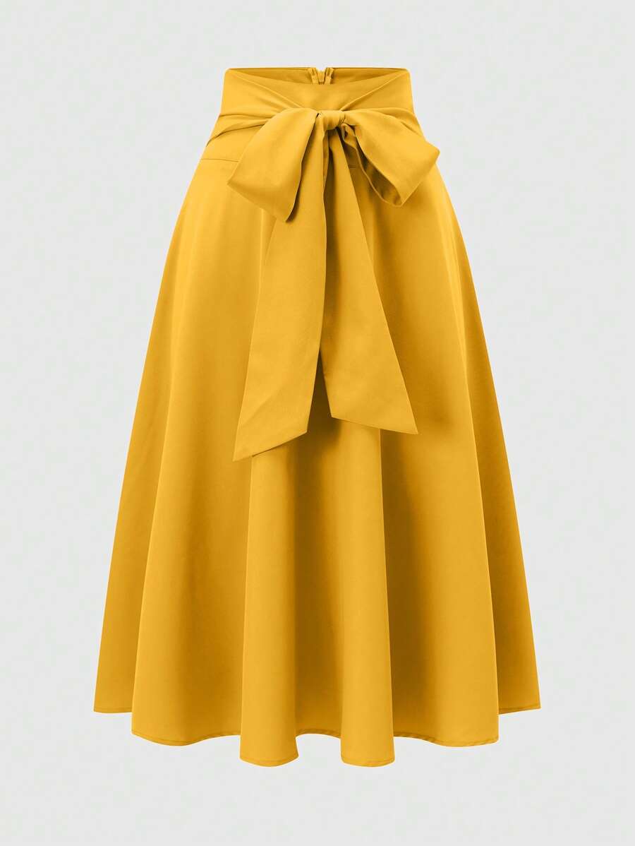 Franclia Váy suông nhún eo trơn màu cho nữ, váy màu đỏ tía thanh lịch cho nữ - Màu Mù tạt vàng - Xem 1