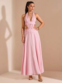 SHEIN BAE Vestido largo de línea A con escote en V profundo y volantes en el bajo, estilo sexy y dulce para vacaciones y resorts, adecuado para damas de honor y galas