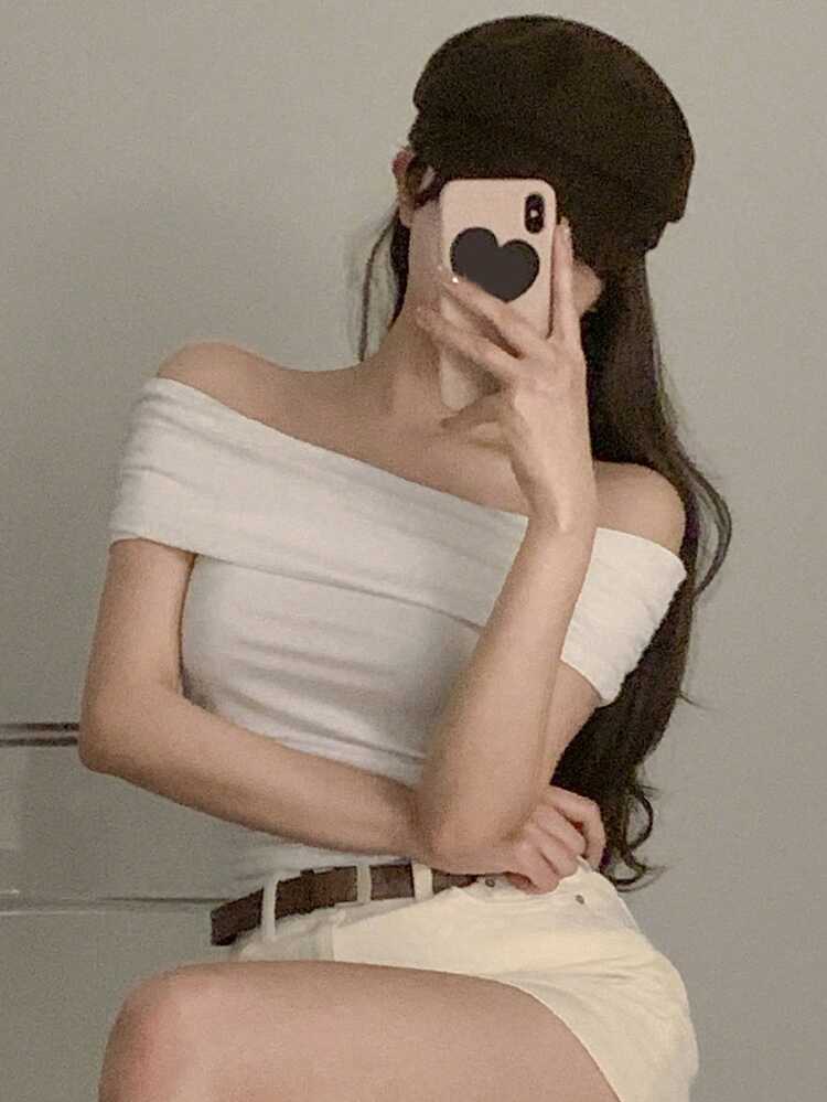 Women's Off Shoulder Plain T-Shirt, Minimalist And Fashionable, Suitable For Summer