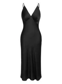 Ocili ثوب نوم حريري ناعم لامع كالساتان ذو حمالات رفيعة للنساء لملابس النهار الفاخرة - الأسود - مشاهدة 1