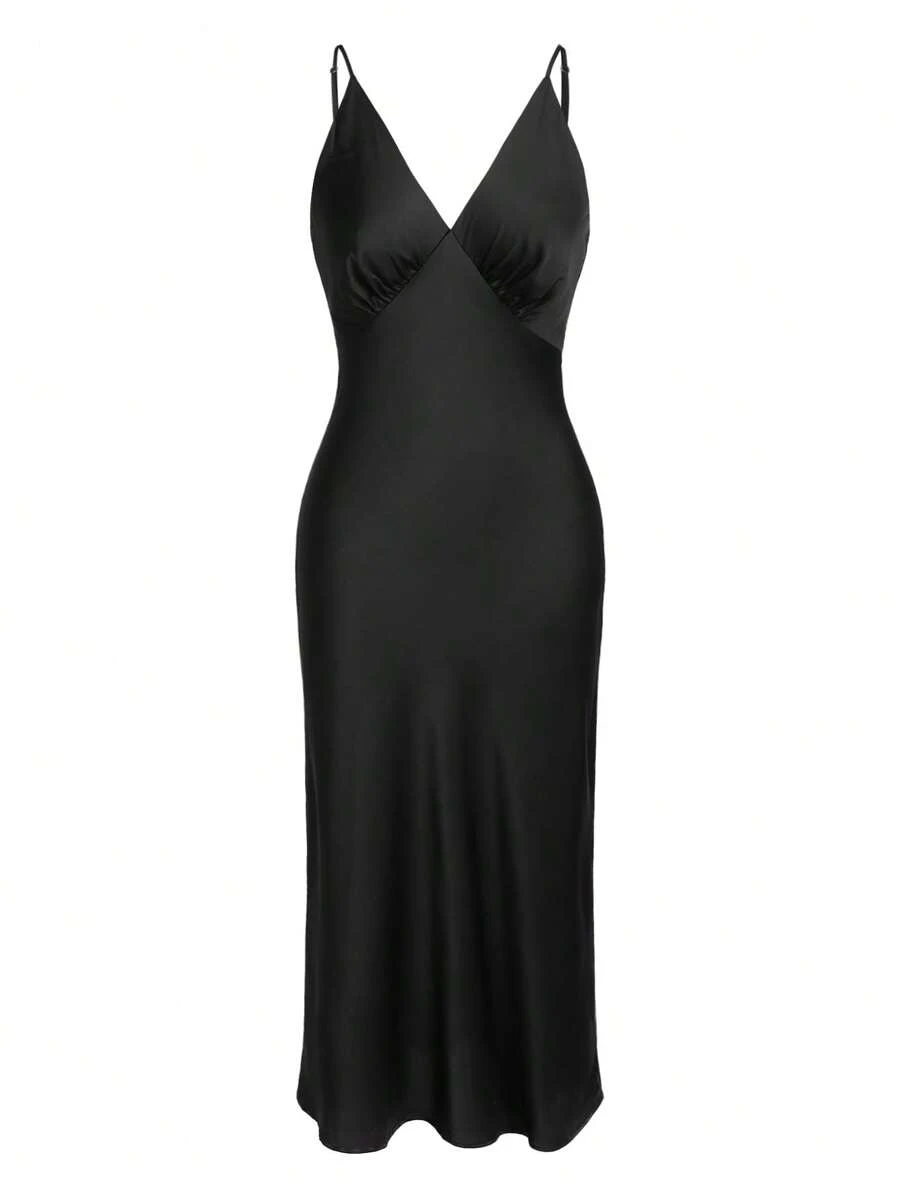 Ocili ثوب نوم حريري ناعم لامع كالساتان ذو حمالات رفيعة للنساء لملابس النهار الفاخرة - الأسود - مشاهدة 1