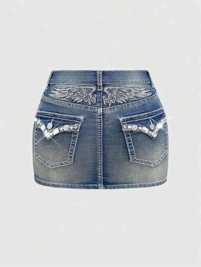 J-Fashion Plus Size Y2K Low Waist Butterfly Embroidery Rhinestone Contrast Color Denim Mini Skirt