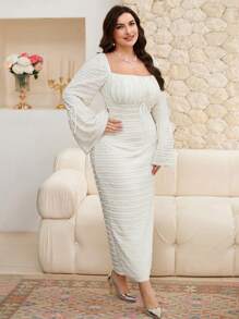 Modelyn Plus Size Women Square Neck Bell Sleeve Front Tie Waist Elegant Dress - White - View 6