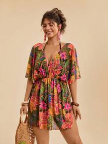 Travachic Plus Size Women's Tropical Floral Print Loose V-Neck Criss-Cross Beach Cover Up Swimsuit, Casual Resort Wear, Sun Protection Country Concert Outfit, Sarong - Multicolor - View 4