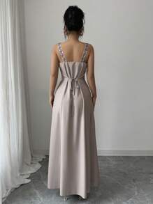 Rafferiza Váy Maxi Chữ A In Hoa Cổ Chữ V Bằng Vải Lanh Cho Nữ, Phong Cách Ngày Lễ Cho Mùa Xuân Và Mùa Hè - Màu be - Xem 2