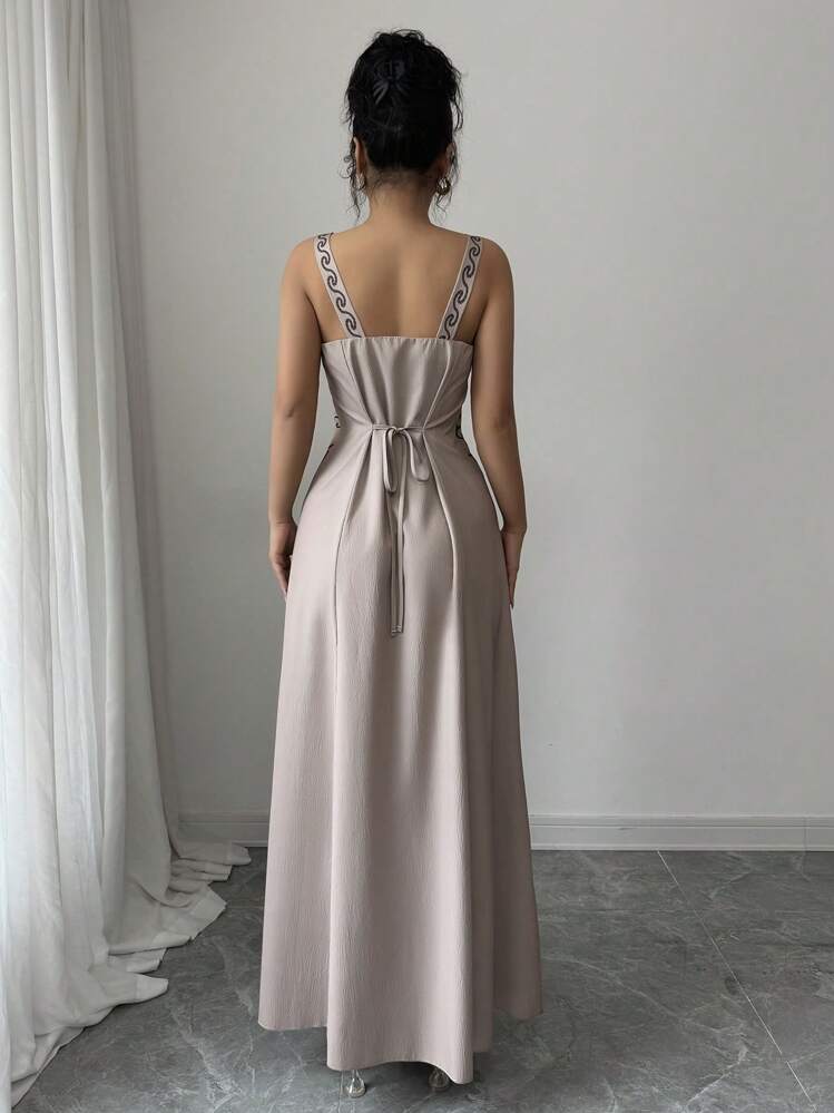 Rafferiza Vestido maxi de línea A con estampado floral, cuello en V y tirantes, de tela con sensación de lino, estilo vacacional para primavera y verano para mujeres - Albaricoque - Añade 2