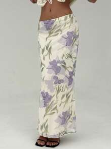 Aloruh 女士花卉印花高腰鱼尾裙，优雅度假装 - 彩色 - 查看 4