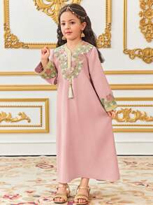 SHEIN Young Girl Loose Casual Extra Long Gold Thread Ribbon Tassel Loose Robe - Pink - View 4